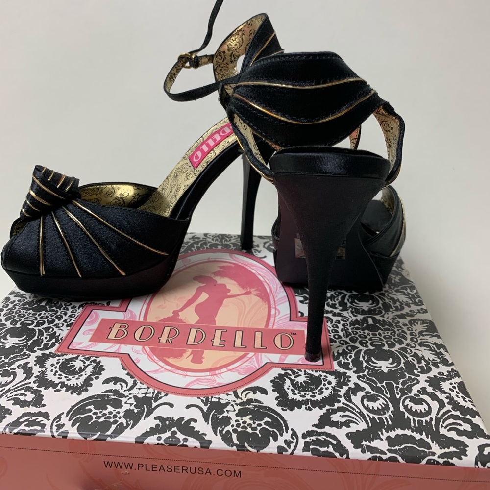 Pleaser- Bordello Black satin peep toe heels